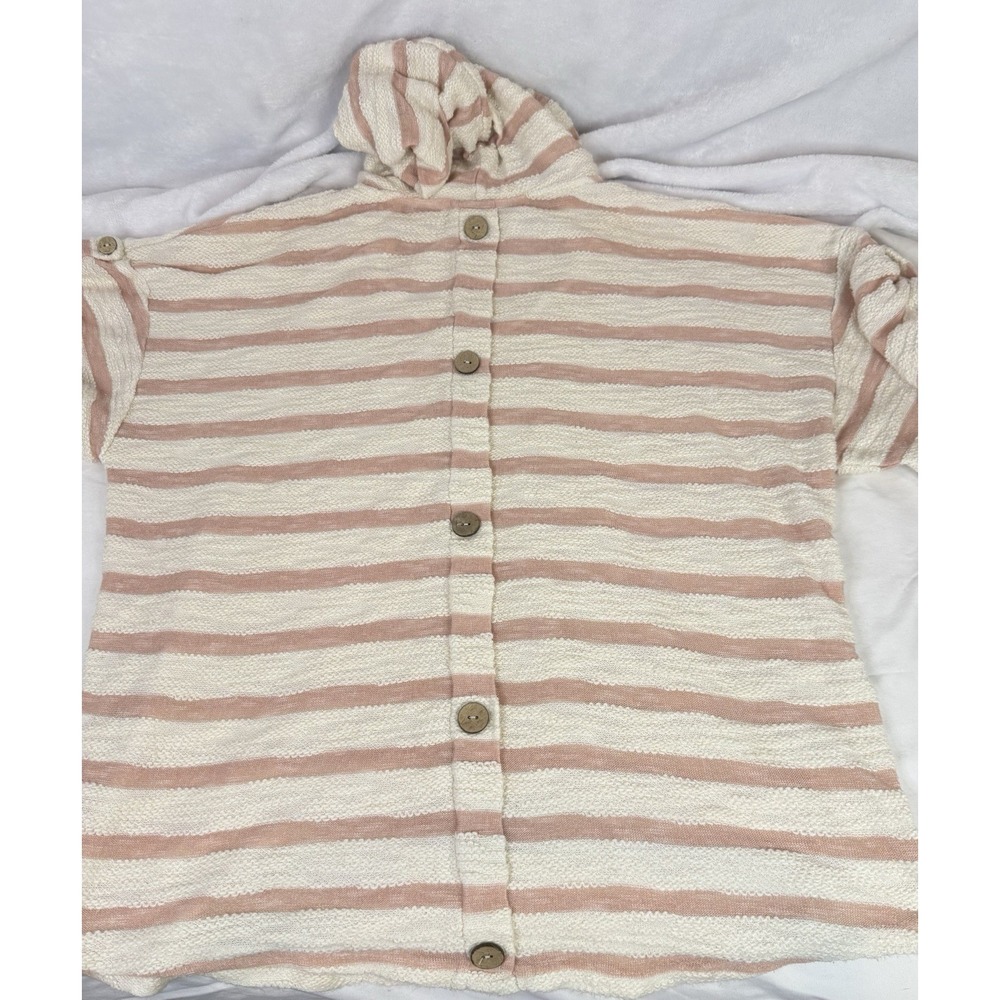 Striped Hooded Knit Top M Cream Blush Button Back Cozycore Relaxed Beach - Picture 6 of 7